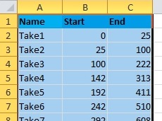 Example Excel Sheet for Animation Clips